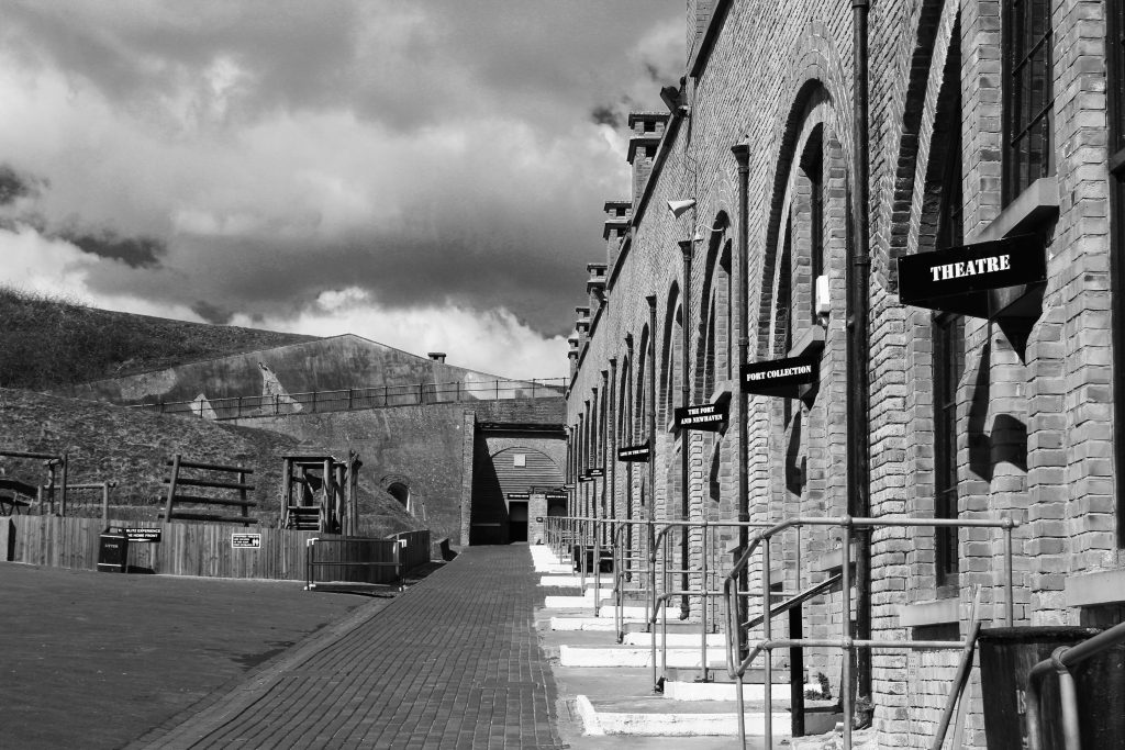 Brick casemates at Newhaven Fort under a grey sky